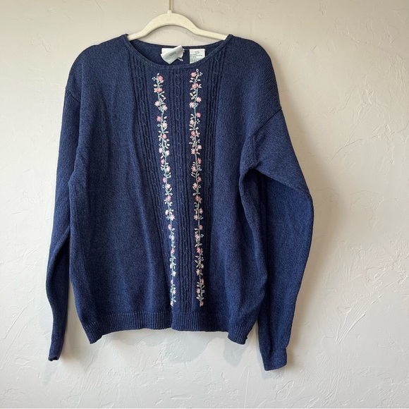 Vintage Sweater Large Embroidered Floral Cottage Core Grandma Knit Navy Cable - Picture 1 of 10
